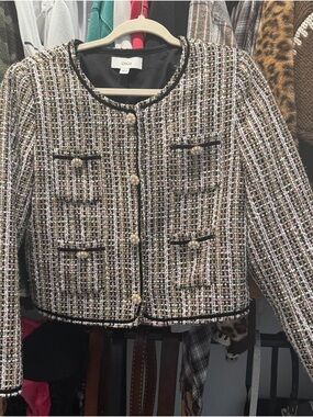 CeCe Multicolor Tweed Cropped Blazer with Pearl Buttons